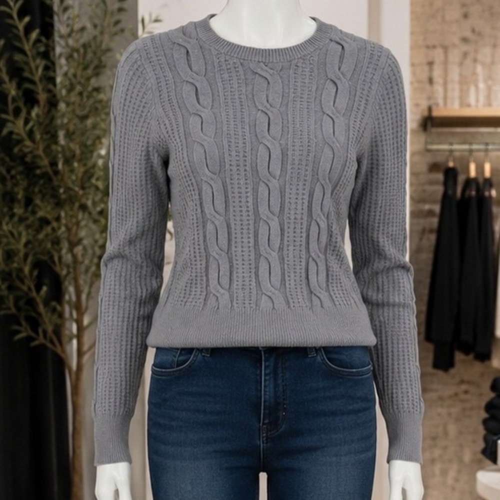 Philosophy Women Sweater Cable Knit Waffle Textured Crew Neck Blue M